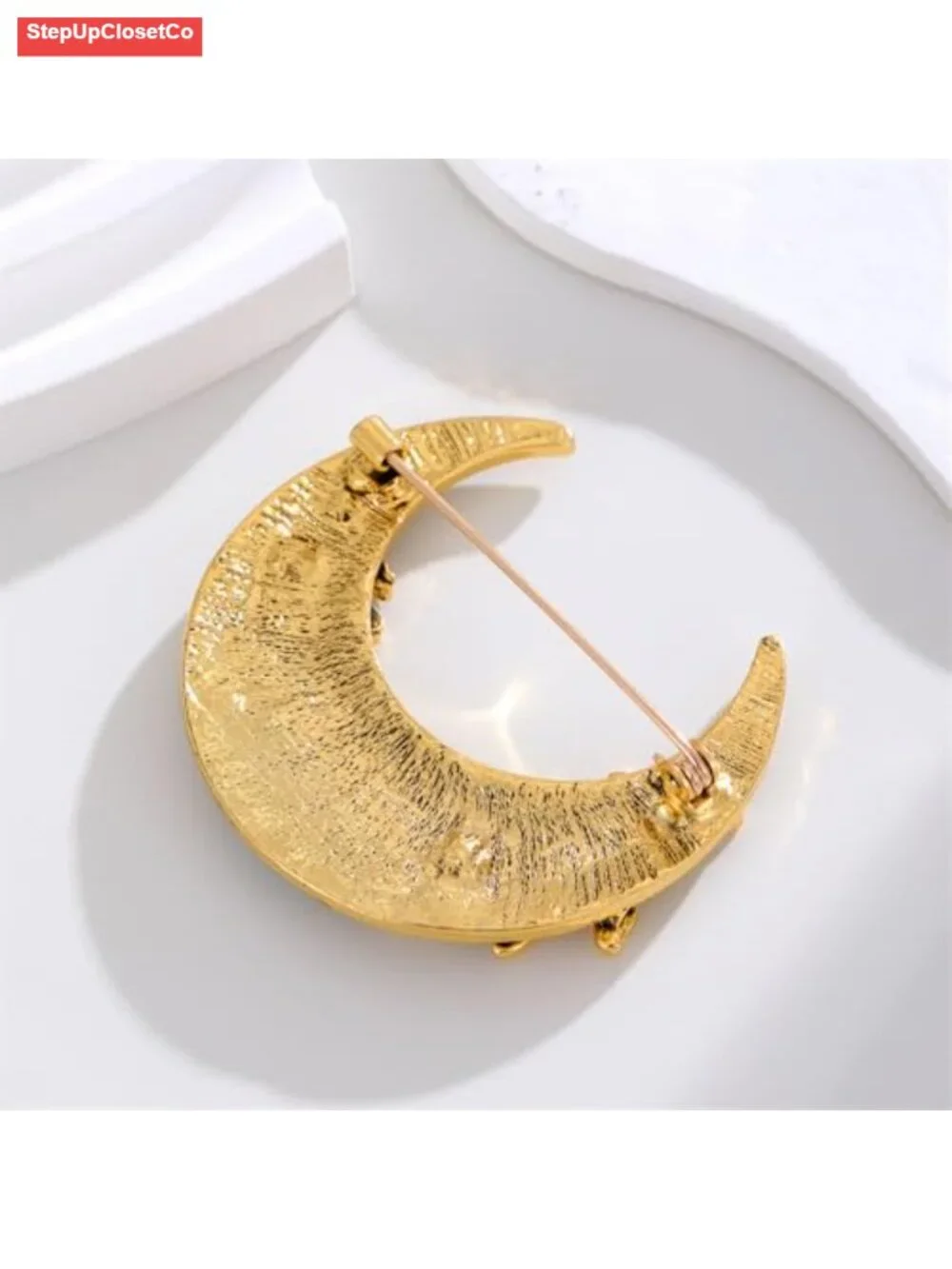 Vintage Moon Brooch Pin Blue Rhinestone Leaf Lapel Pin Clothing Shirt Suit Coat
